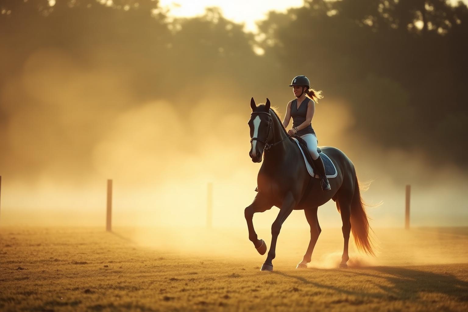 A rider schooling a horse at golden hour in a misty paddock